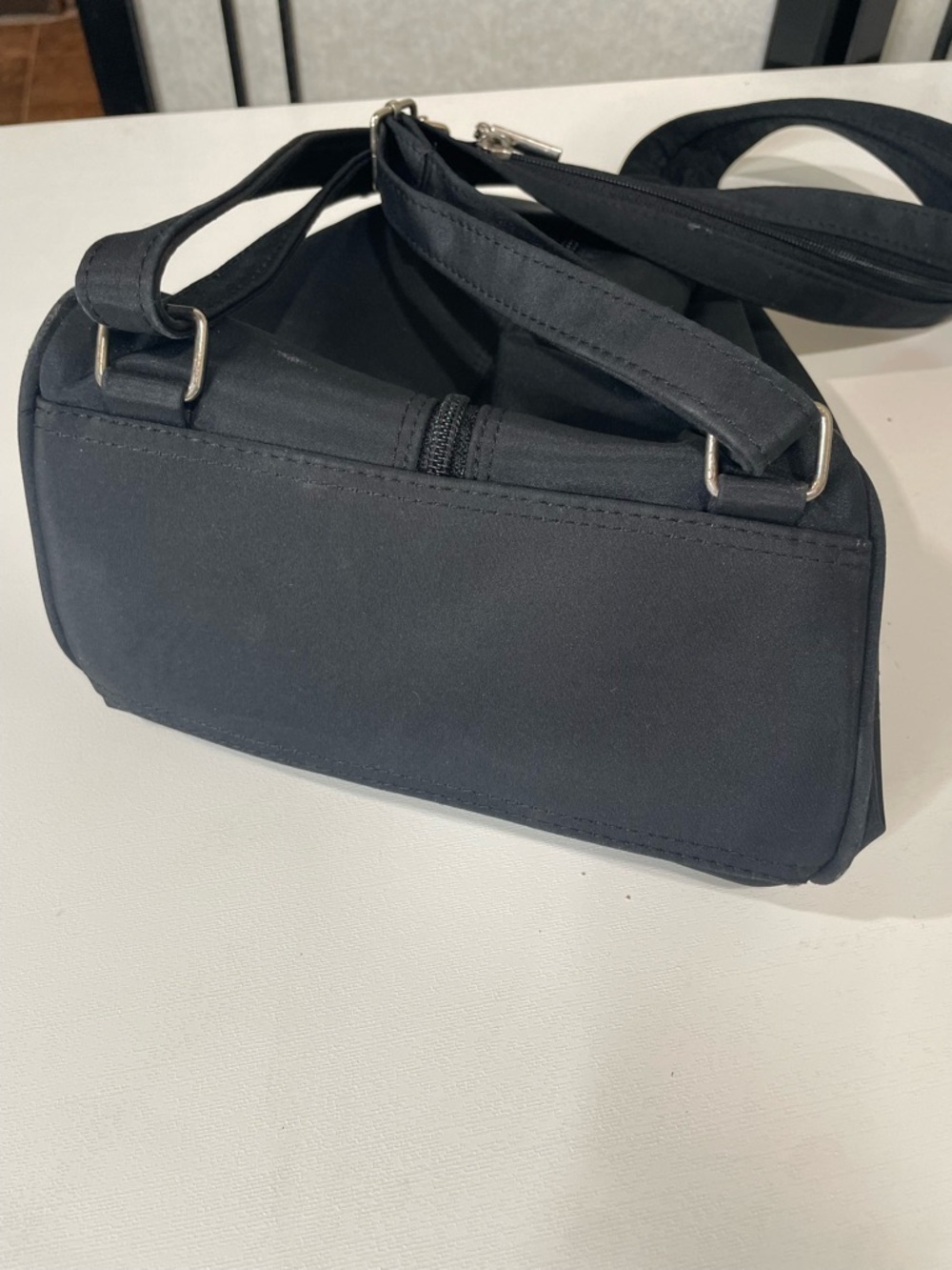Minimalist Black Nylon Sling Bag| Crossbody Chest Pack With Silver Hardware - Picture 7 of 12